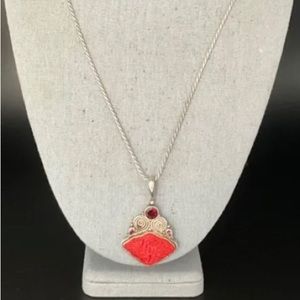 SALE🎉SAJEN 925 STERLING SILVER CARVED FLORAL  CINNABAR GARNET NECKLACE.